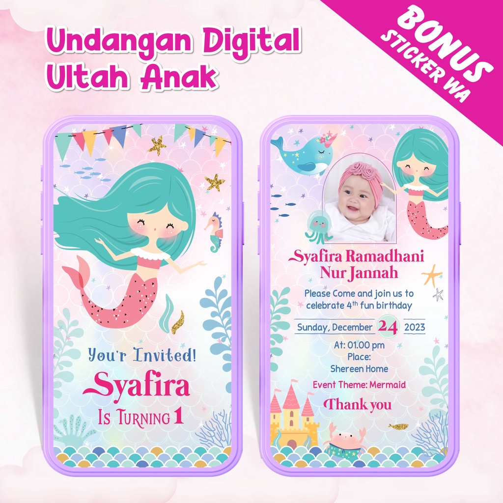 Jual Undangan Digital Ulang Tahun Anak MERMAID - Video Undangan Ultah