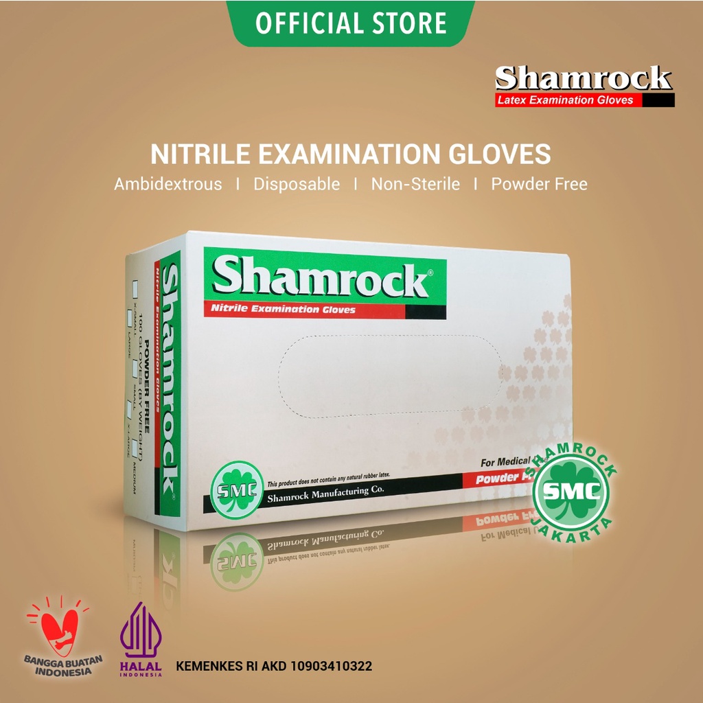 Jual SHAMROCK NITRILE Examination Gloves Powder Free Sarung Tangan NITRILE (bukan Karet/Latex