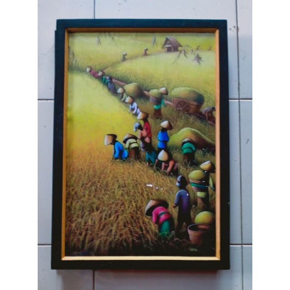Jual lukisan cetak digital printing panen raya padi plus figura uk65
