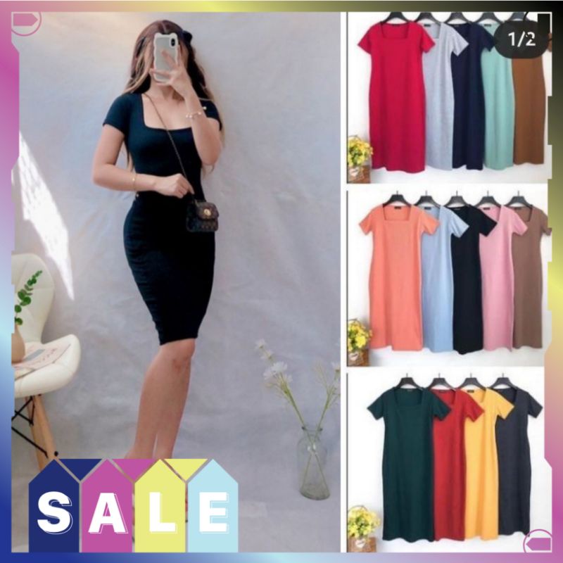 Jual LONG DRESS SQUARE NECK POLOS / DRESS LEHER KOTAK | Shopee Indonesia