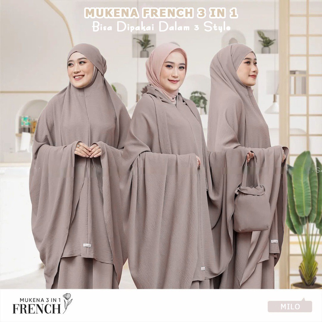 Mukena French Cantik 3 in one mukena polos mewah bahan Crincle Airflow Premium import mukena cantik