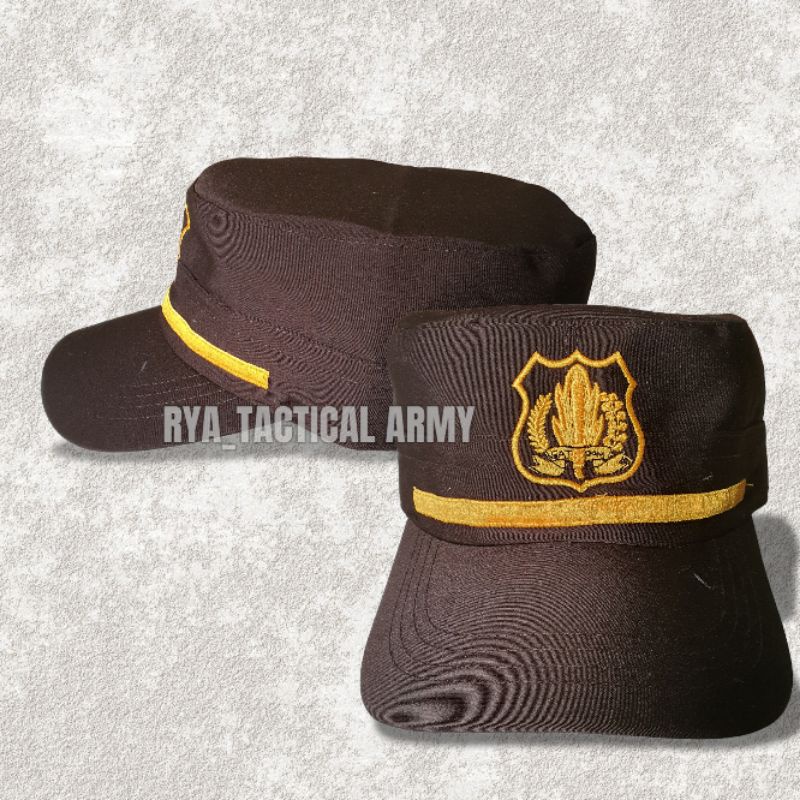 Jual topi pet security satpam coklat lis kuning terbaru | topi pet ...