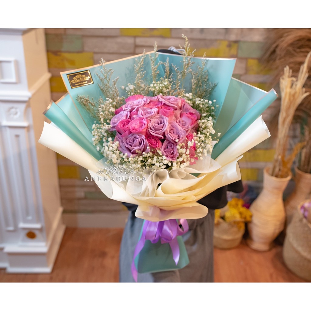 Jual Buket Bunga Mawar Asli Fresh Rose Hand Bouquet Flower Ulang Tahun Birthday Bucket Wisuda