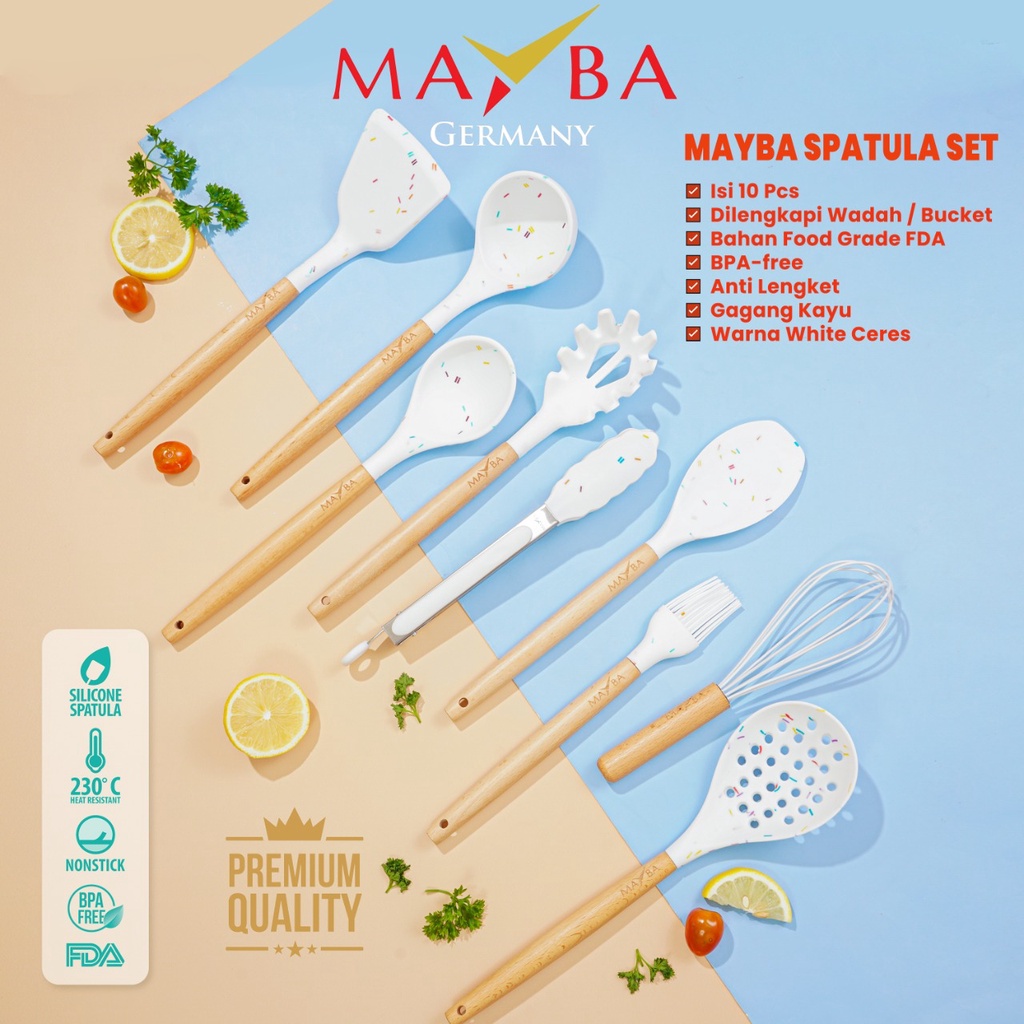 Jual Germany Mayba Spatula Set Silicone 10 pcs gagang kayu - sutil ...
