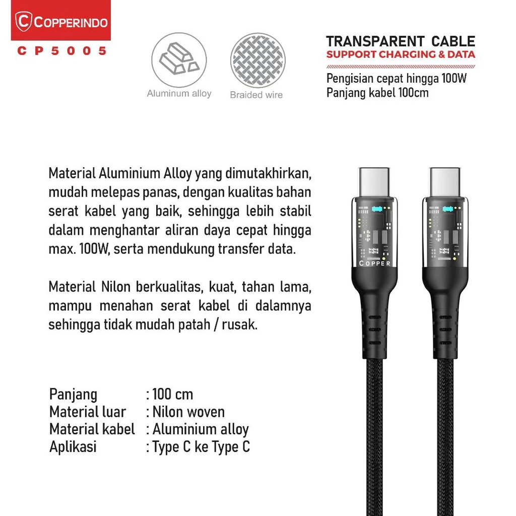 COPPER Kabel Data Transparan 100W PD | Type-C to Type-C CP5005