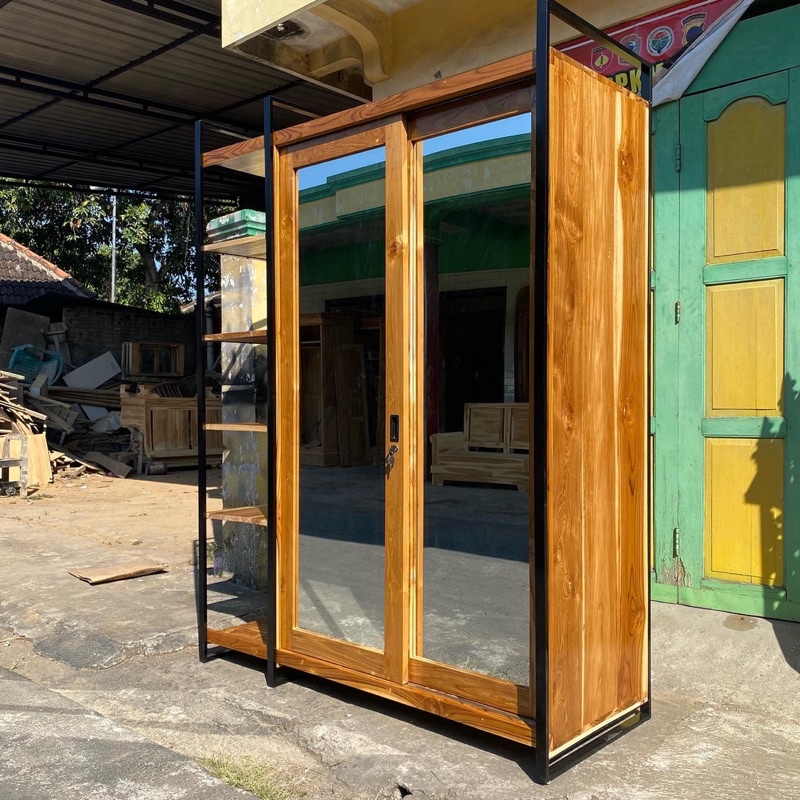 Jual LEMARI JATI - LEMARI PINTU KACA GESER - LEMARI PINTU 2 JATI