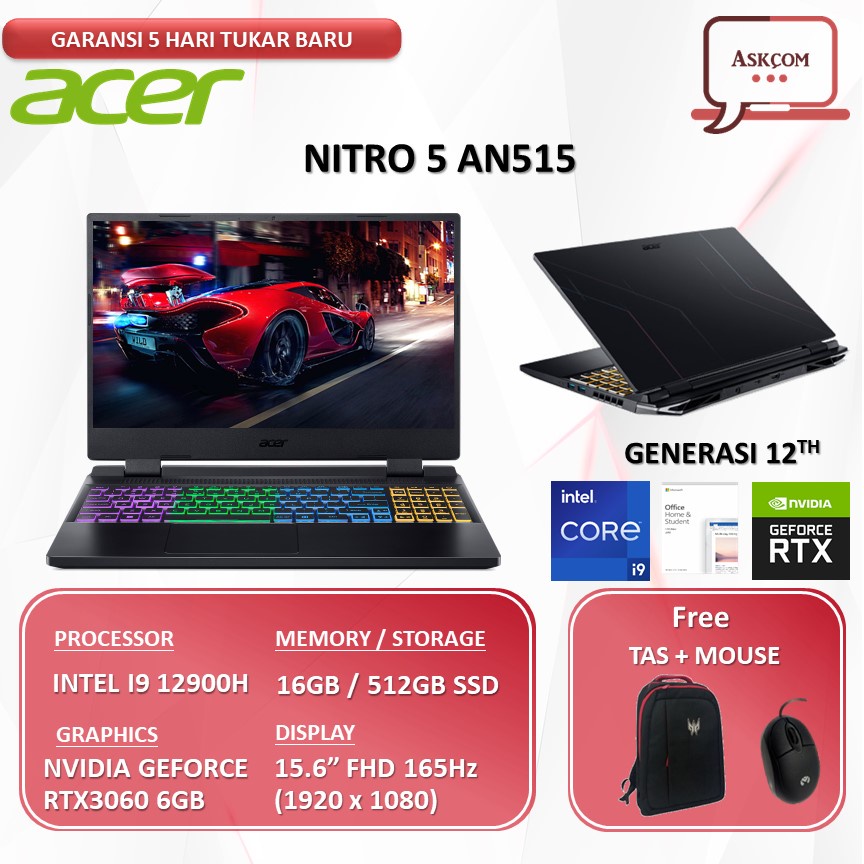 Jual Laptop Gaming Acer Nitro 5 AN515 RTX3060 6GB/ I9 12900H RAM 16GB ...