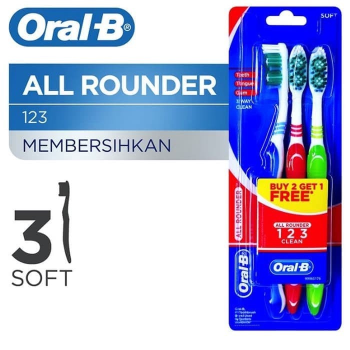 Jual Oral-B Sikat Gigi Toothbrush All Rounder 123 Clean Soft 3 Pcs ...