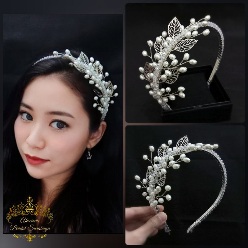 Jual Hairpiece Pengantin Bando Daun Asimetris Headpiece Hiasan Rambut Mahkota Hijab Simple 7577