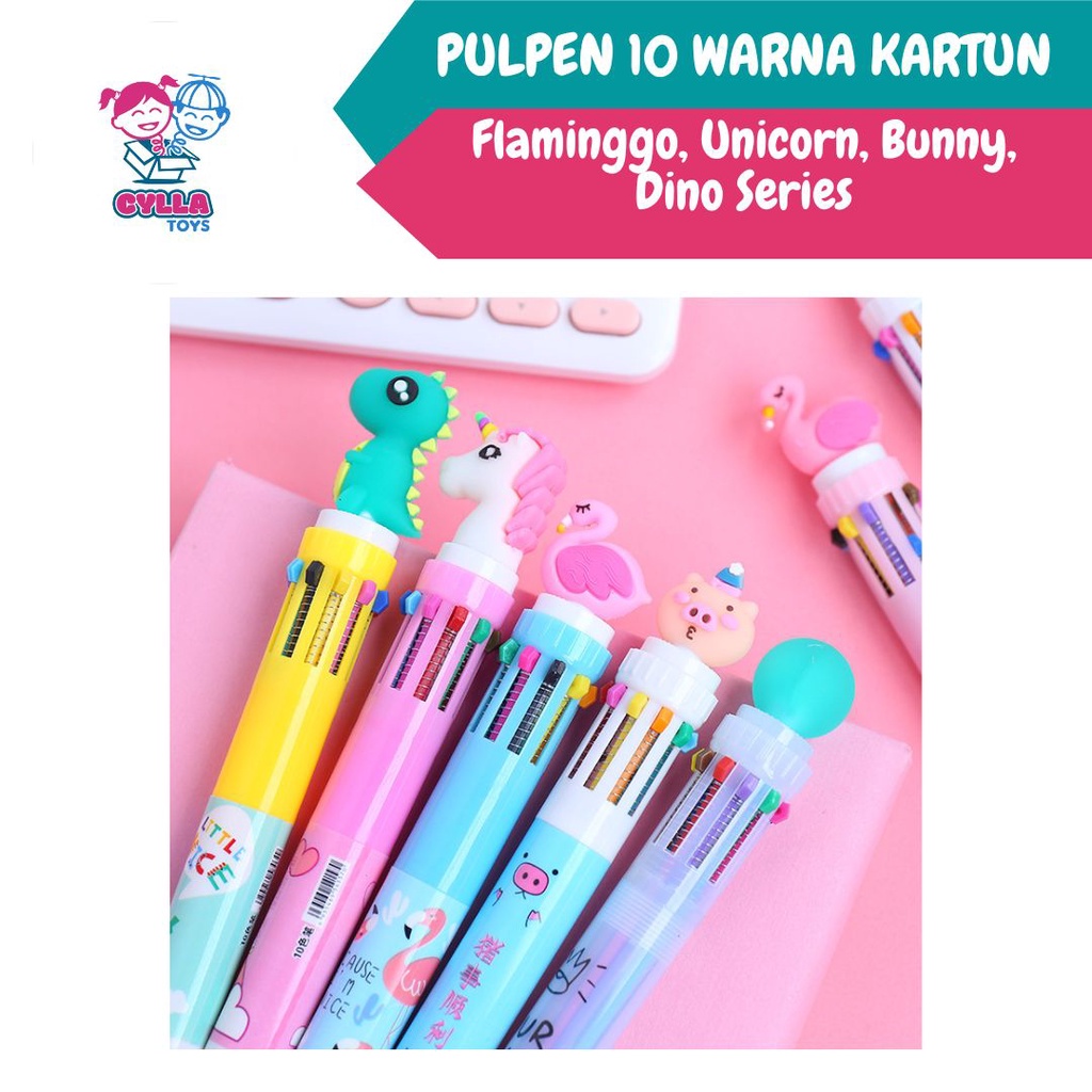 Jual Pulpen 10 Warna Animasi Kartun Unicorn Dino Bunny Flaminggo