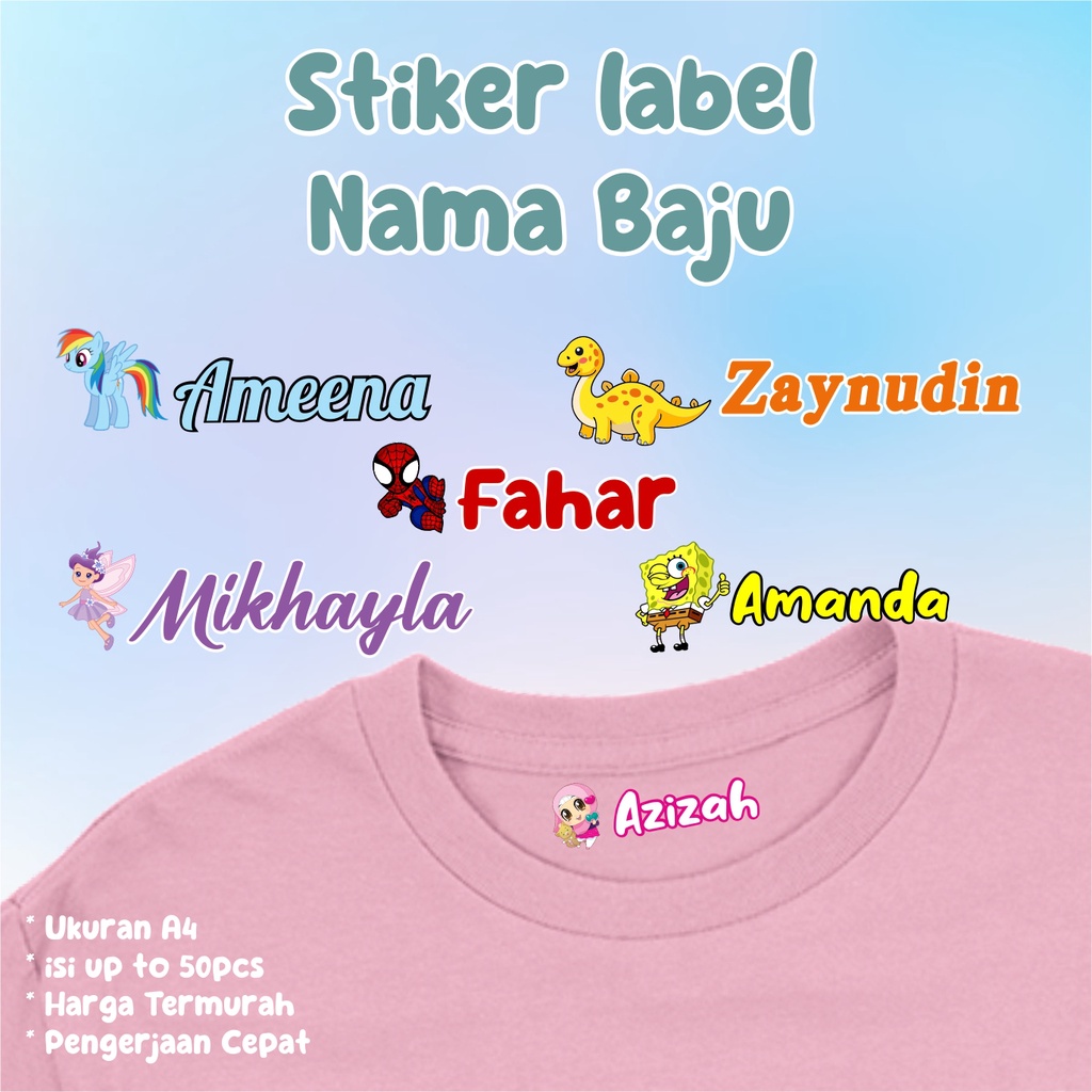 Jual Stiker Nama Kain KARAKTER A4 Stiker Nama Sablon Stiker Nama