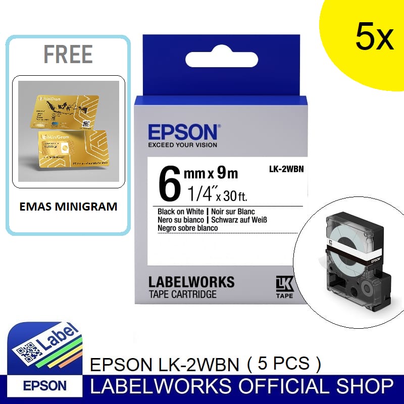 Jual Epson label 6mm black on white 9m labelworks tape LK-2WBN bundle ...