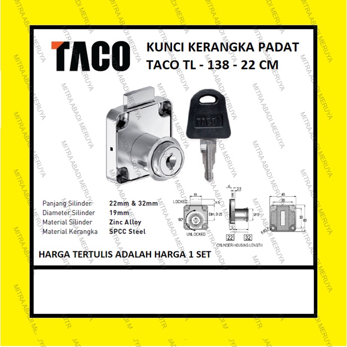 Jual Kunci Laci Lemari Kerangka Padat 22 mm TACO LOCK TL - 138 - 22 mm ...