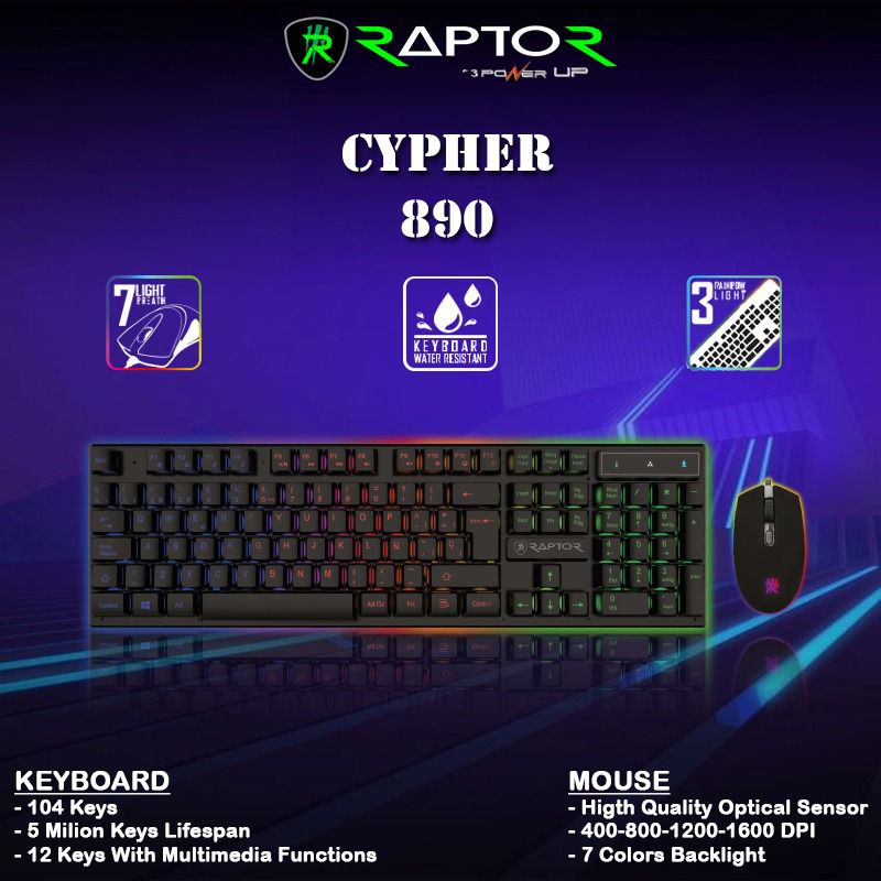 Jual Keyboard Mouse Combo Gaming Wired RAINBOW RGB Light RAPTOR Cypher ...