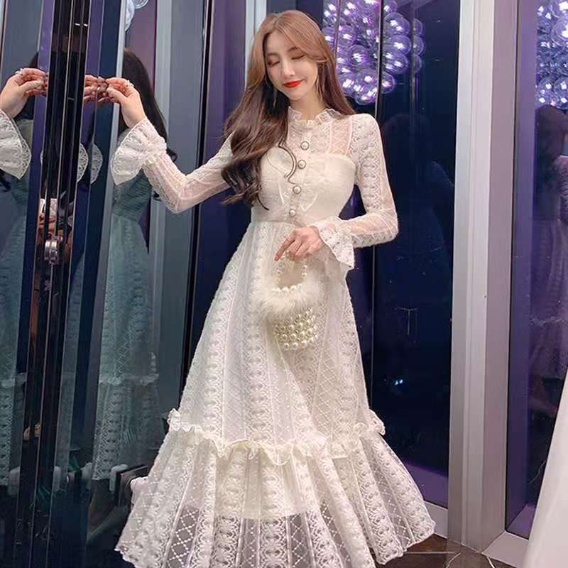 Jual Dress Korean Style Putih Maxi Dress Rok Lengan Panjang Shopee