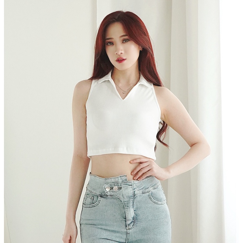 Jual CAVALU Korean Tanktop Knit Crop Top Rajut Tanktop Kerah 120 ...