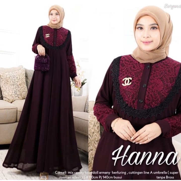 Jual Fashion Wanita Muslimah Terbaru Gamis Muslimah Hanna Dress Matt Ceruty Mix Renda Baju