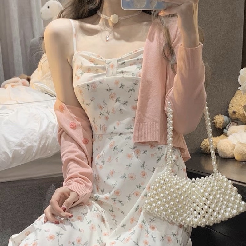 Jual READY Pink Bowtie Floral Dress Set (with cardigan) Baju