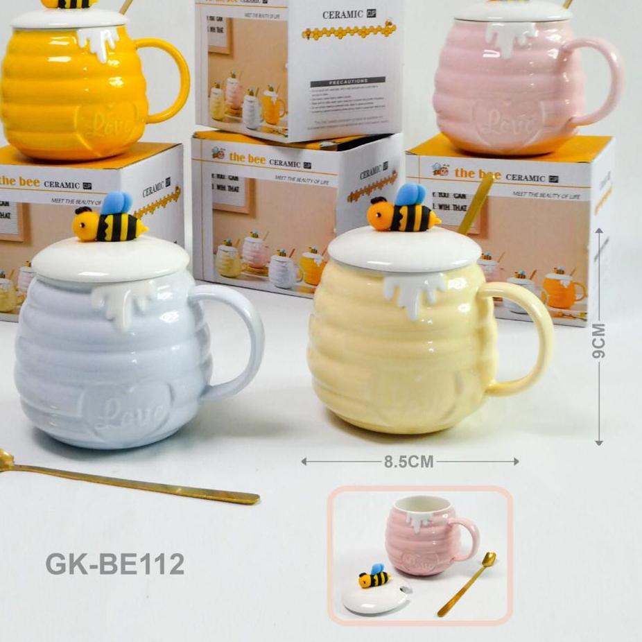 Jual Best Seller Gelas Keramik Cangkir Mug Honey Bee Lebah Tutup Dan Sendok Karakter Timbul 5987