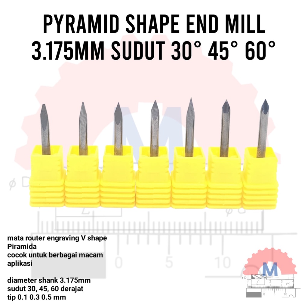Jual Mata Grafir V CNC router bit 3 sisi bentuk piramid carbide 3.175mm ...