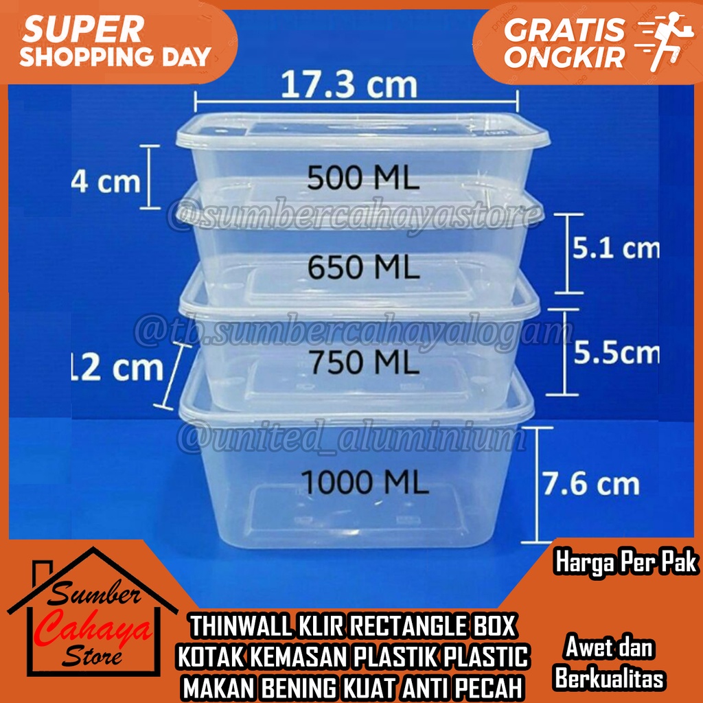 Jual Thinwall Rectangle 500ml 650ml 750ml 1000ml Isi 25 Pcs Kotak Makan Plastik Pelastik Thinwal 0097