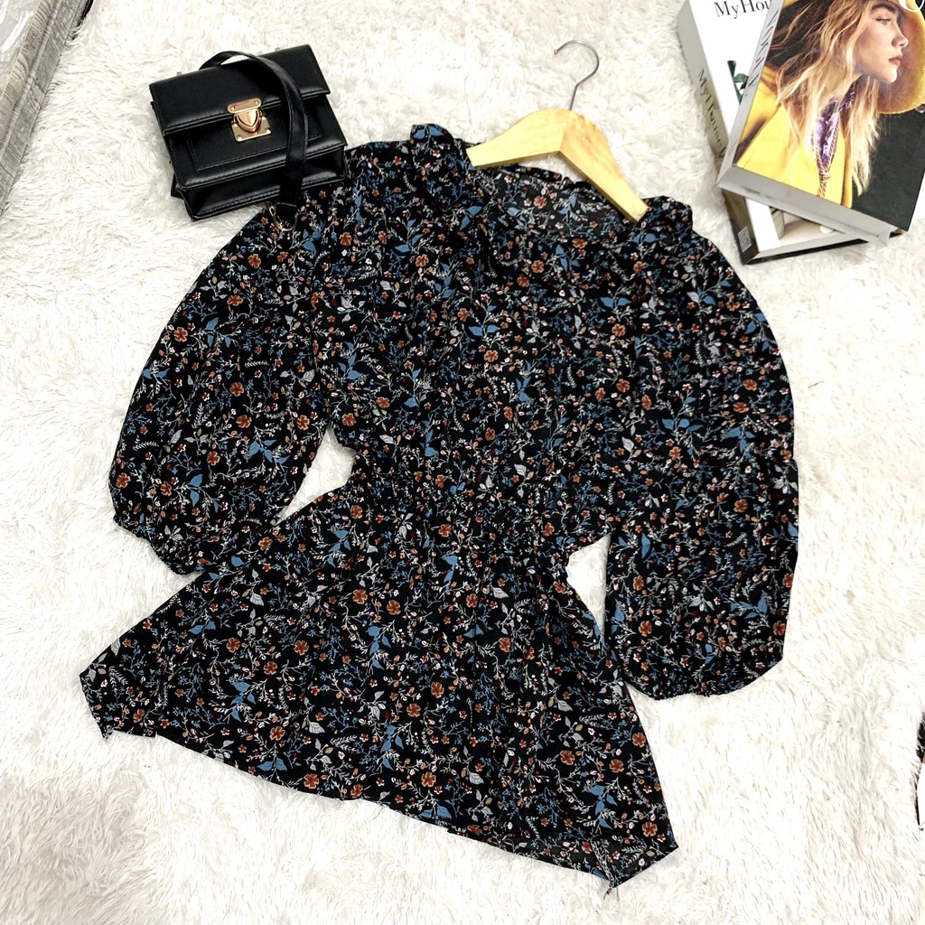 FLORA-BLOUSE - BLACK WHITE FLOWER