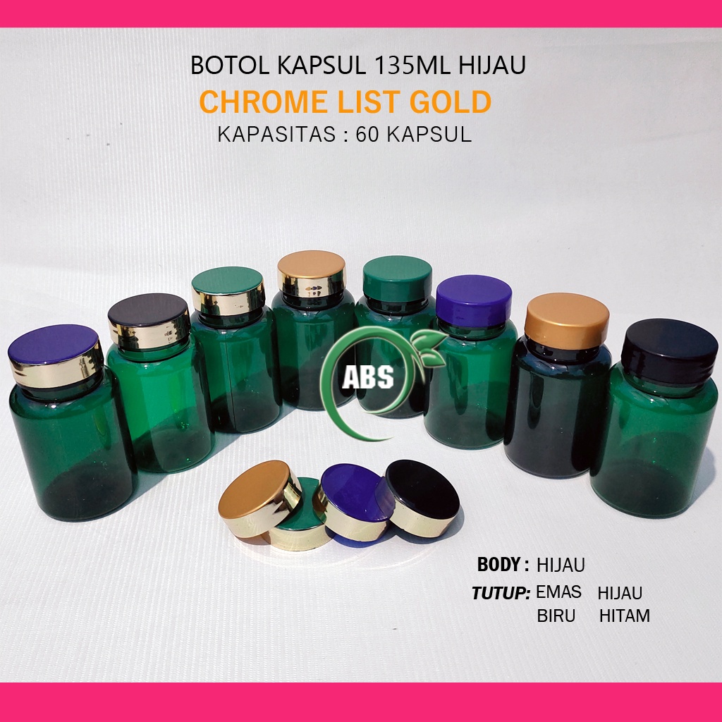 Jual Botol kapsul isi 60 Hijau 135ml tutup Chrome list Gold + Plug ...