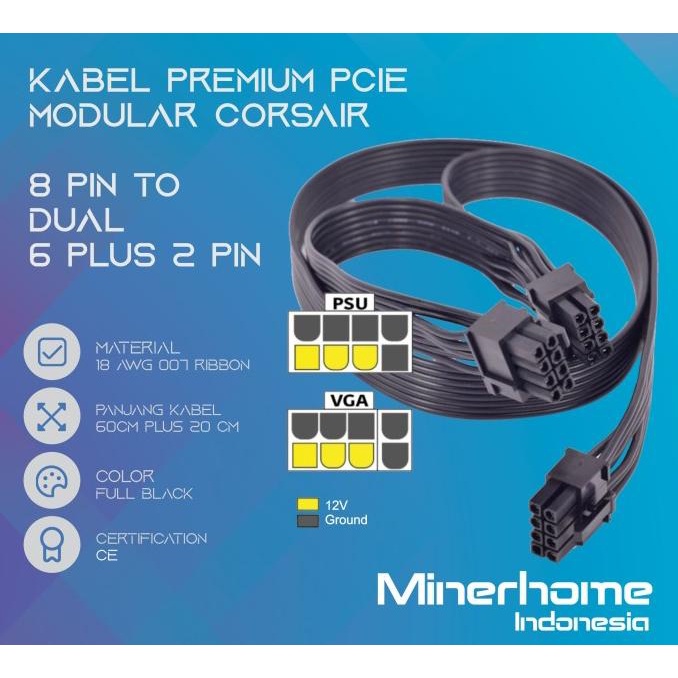Jual KABEL PREMIUM MODULAR PCIE CORSAIR 8 PIN TO 2X 6+2 PIN | Shopee ...