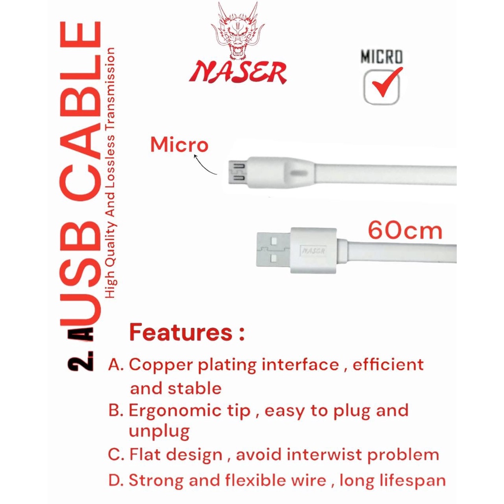 Jual KABEL CHARGER PARIS / KABEL DATA NASER 2.A GEPENG 60CM PLUS ...