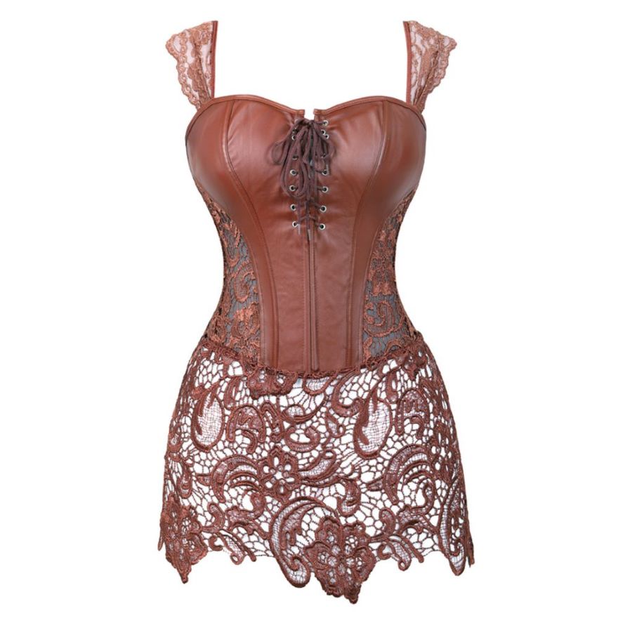 Jual Preorder Women Steampunk Sexy Faux Leather Overbust Corset Dress Gothic Zipper Floral Lace 7699