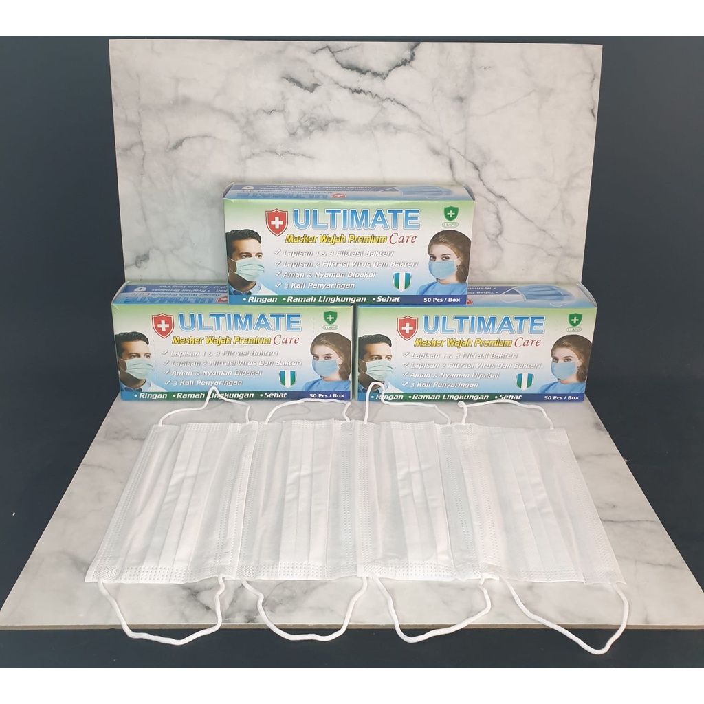 Jual masker 3 ply putih Ultimate No Emboss earloop isi 50 pcs. Izin ...