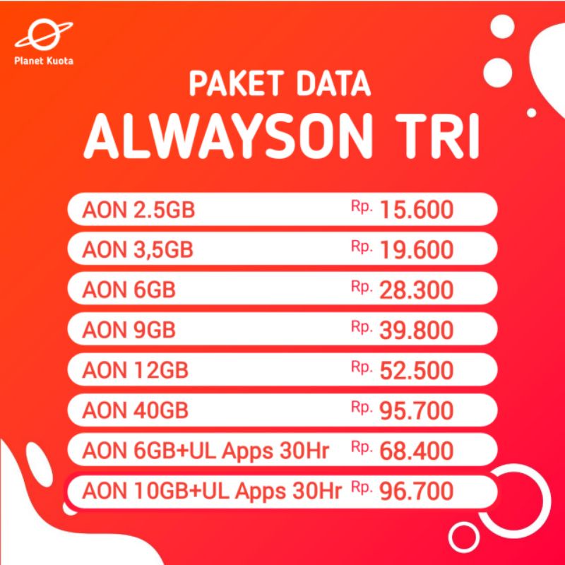 Jual PAKET DATA ALWAYSON TRI THREE FULL 24 JAM UNTUK SEMUA ZONA DAN JARINGAN 2 5GB 3 5GB