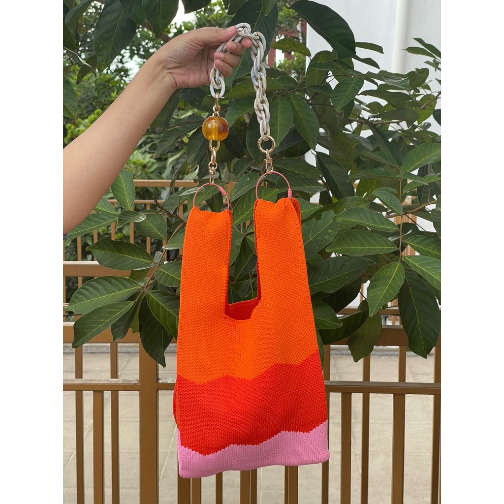 Jual KOREAN SMALL TRICOLOR ORANGE WITH BALL CHAIN WHITE | TAS RAJUT
