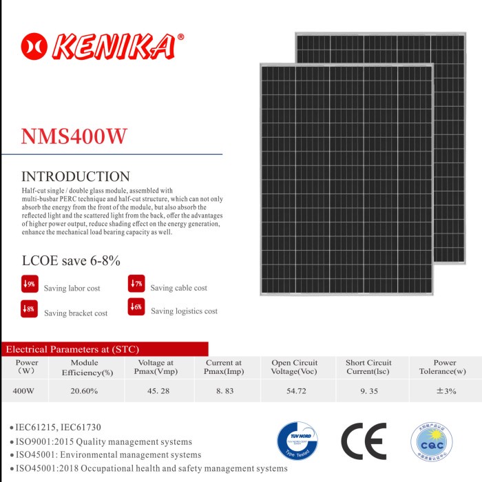 Jual KENIKA 400WP/45V MONO SOLAR PANEL SURYA [NMS400W] monocrystalline