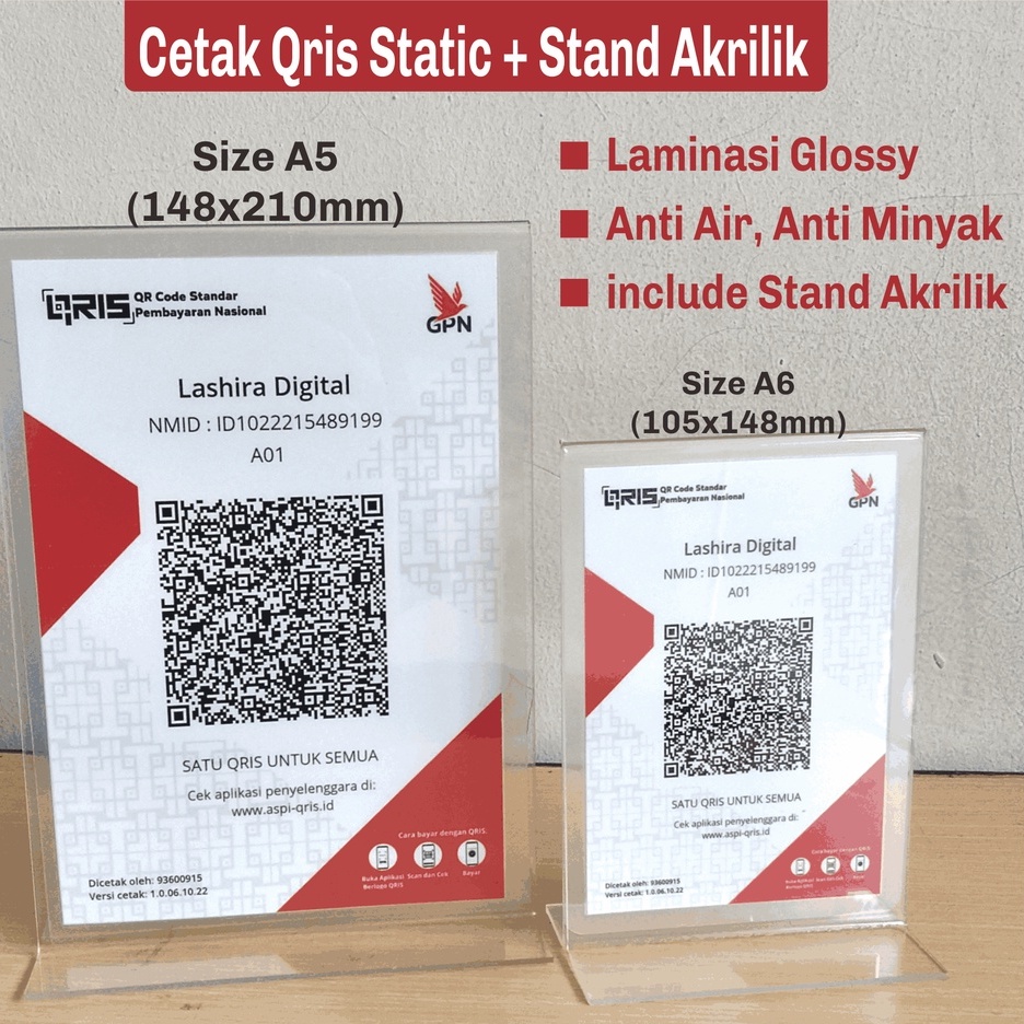 Jual Paket Cetak Qris dan Stand Akrilik A5 A6 berdiri model T print