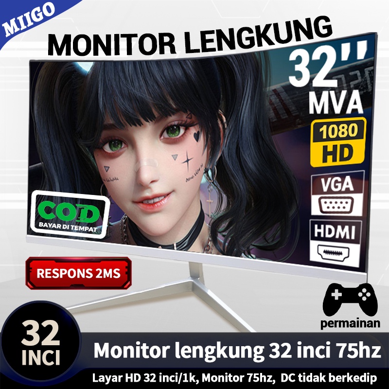 Jual MIIGO monitor PC gaming 32 Inch 1080P 75HZ IPS HDMI VGA monitor lengkung Shopee Indonesia