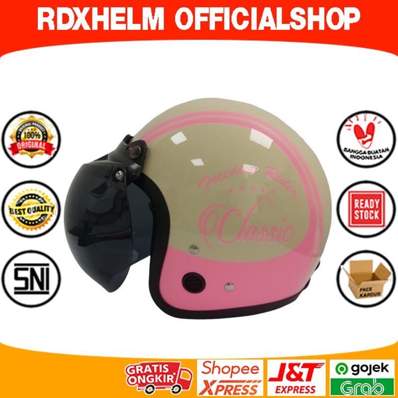 Jual Helm ANT Retro Premium Classic 3 cream pink free kaca | Shopee ...