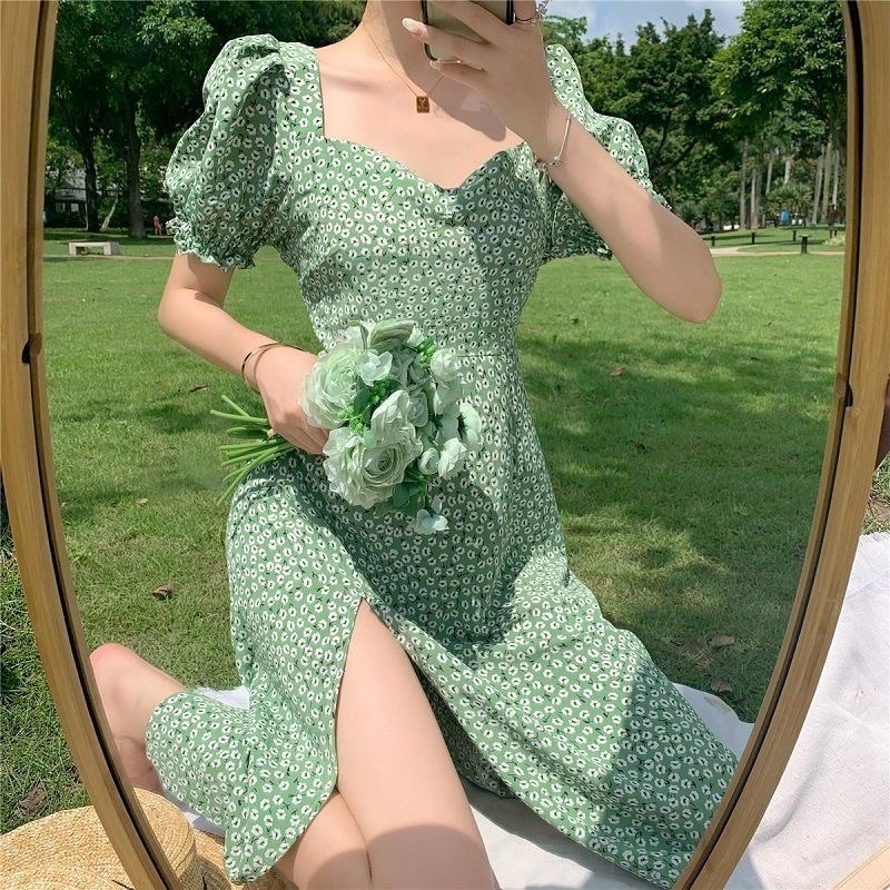 Jual D117 Korean Green dress / korean vintage midi dress Square neck / Gaun wanita gaya Korea