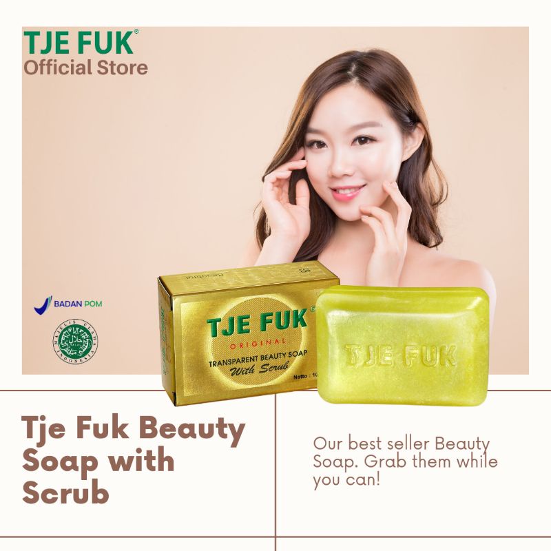 TJE FUK - Transparant Beauty Soap with Scrub 100 gr - Sabun Wajah dan Tubuh | Pemutih Ketiak Lipatan Tubuh | Membersihkan Kotoran & Sisa Make Up | Pencerah Kulit Wajah