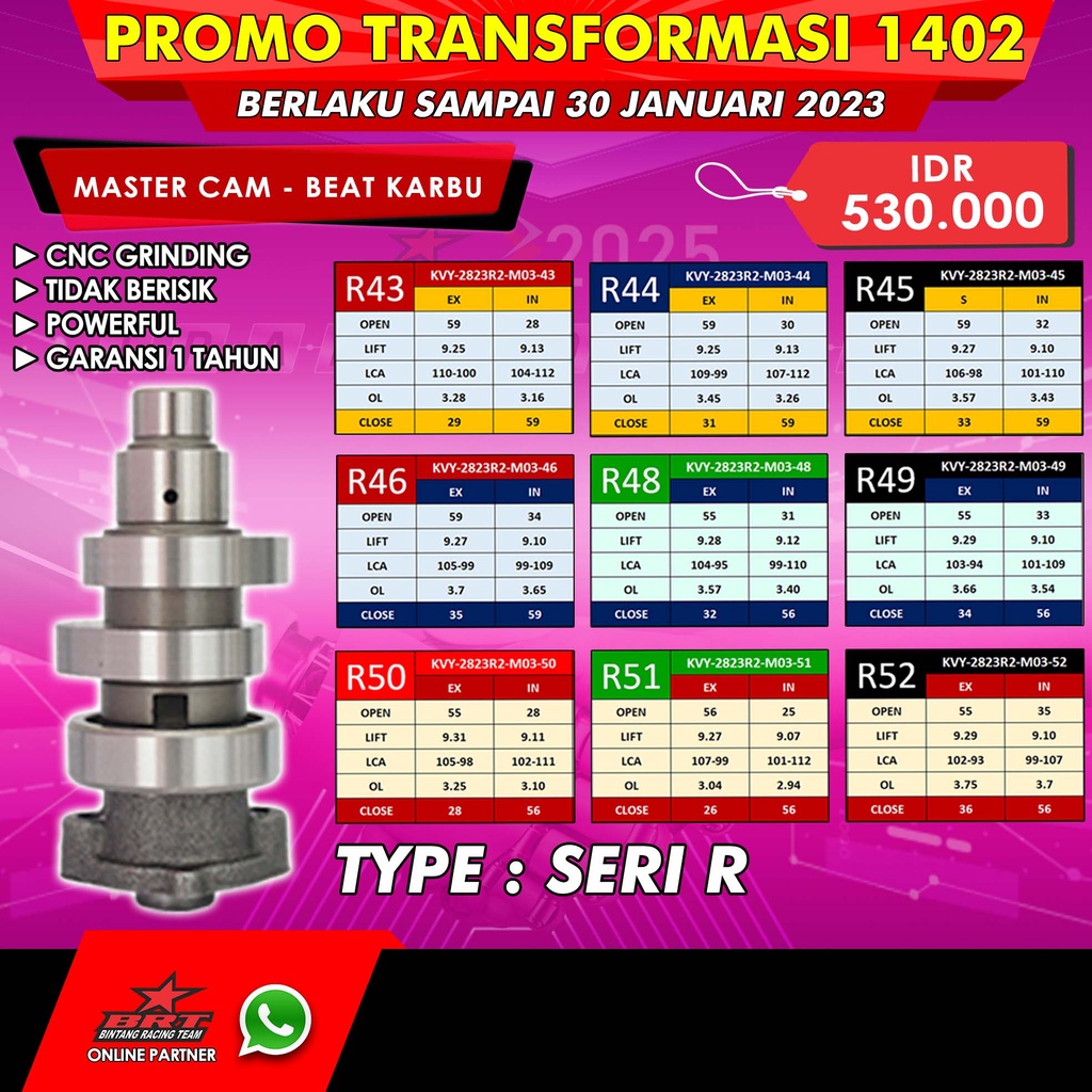 Jual MASTERCAM NOKEN AS CAMSHAFT TIPE RACING BRT - R43 R44 R45 R46 R48 ...