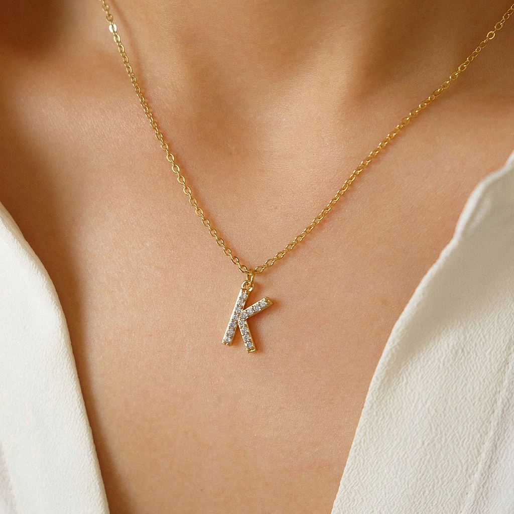 Jual [reg] Zirconia Inlaid Initial Alphabet Necklace — 18k Gold Plated