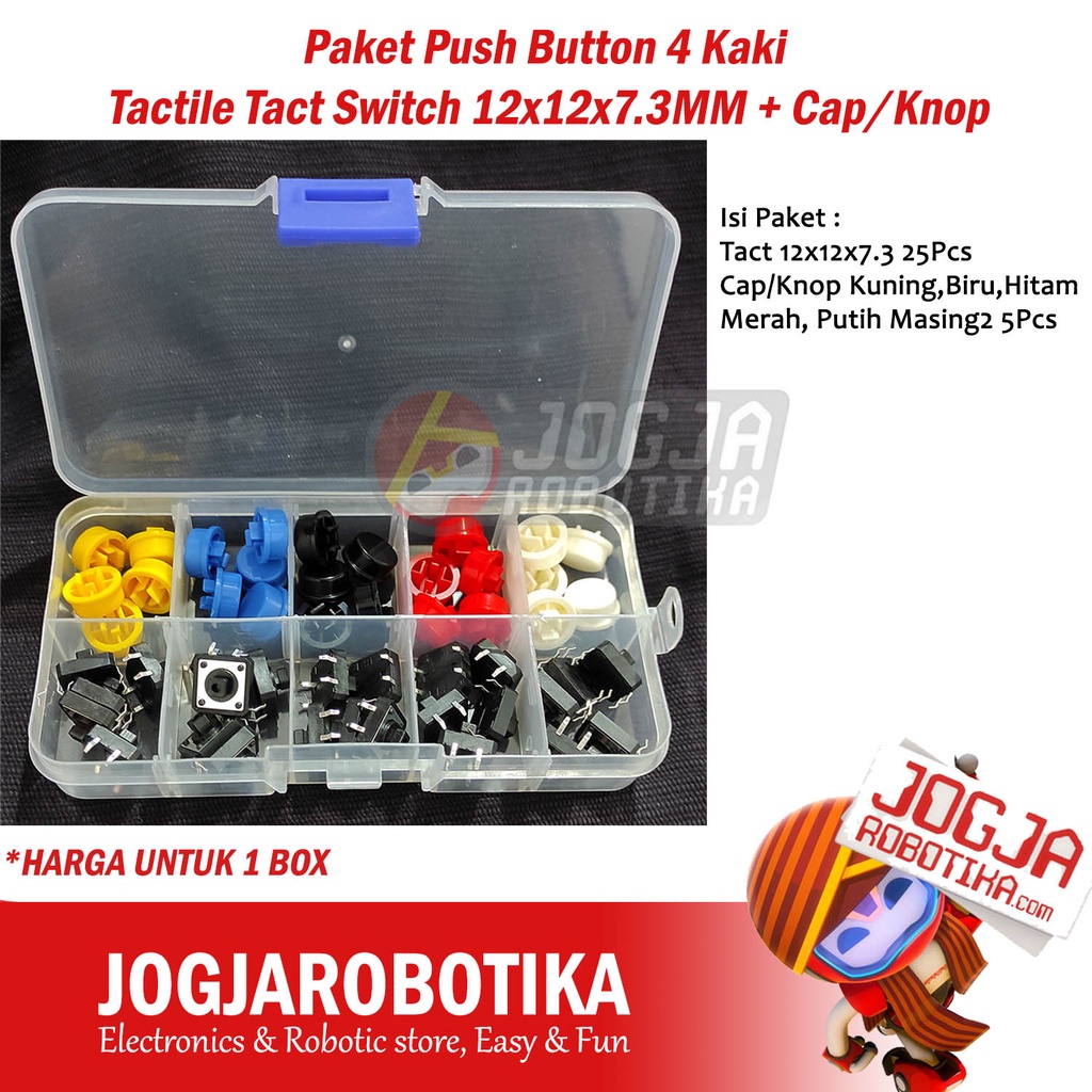 Jual Paket Push Button 4 Kaki Tactile Tact Switch 12x12x7.3MM + Cap ...