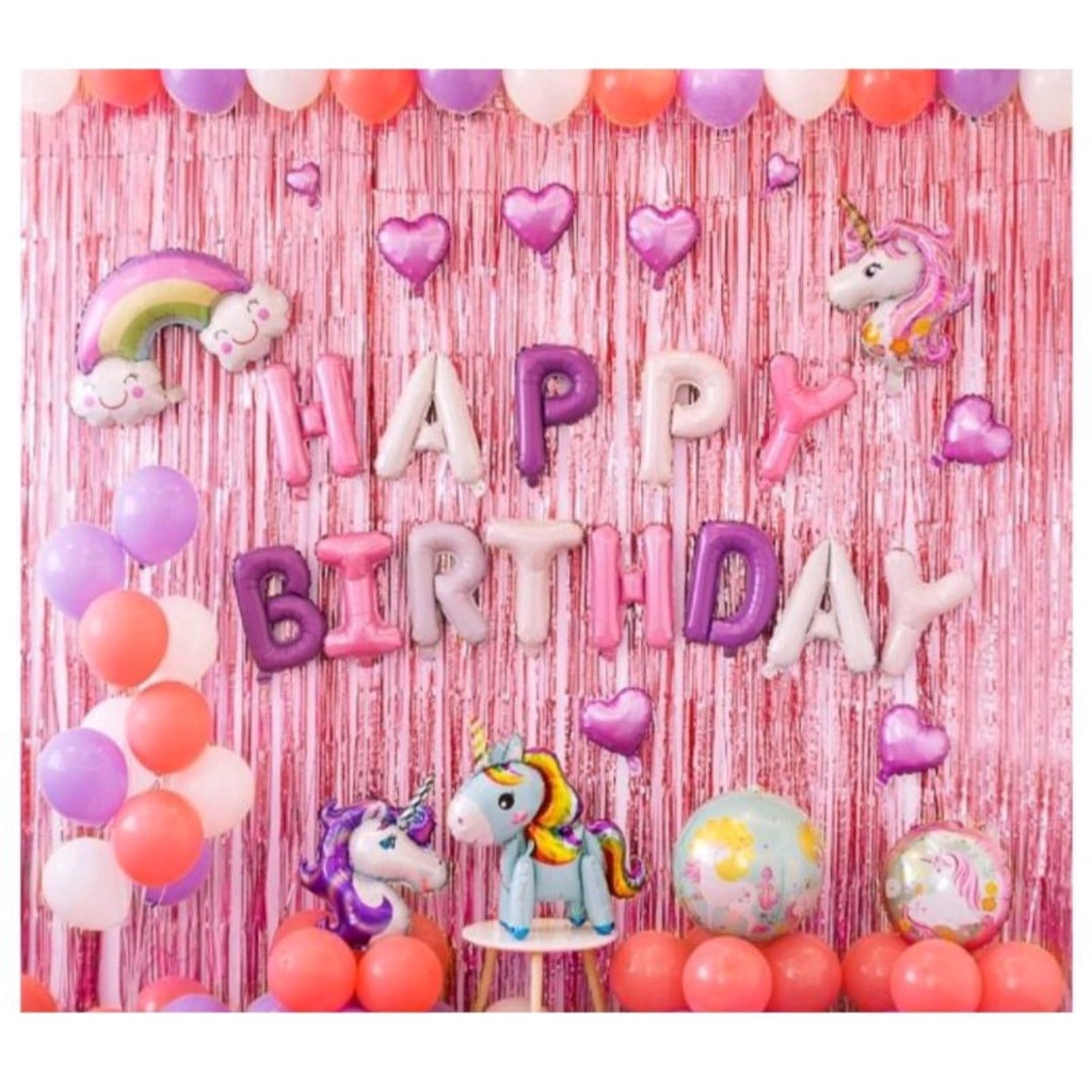 Jual Paket Dekorasi Ulang Tahun Tirai Pink Dan Balon Happy Birthday