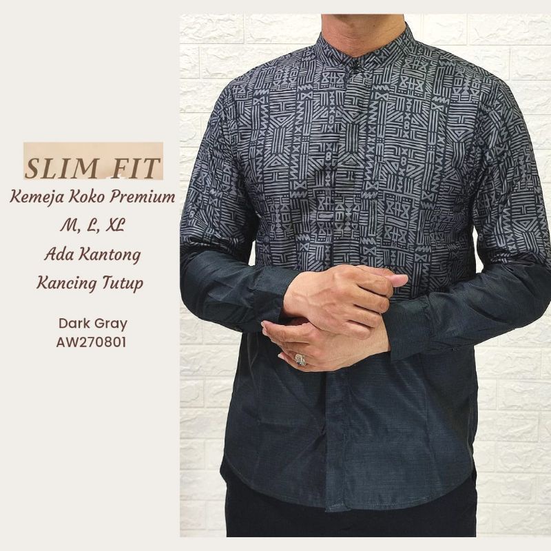 Jual Baju Koko Muslim Kemeja Koko Kemko Slimfit Pakaian Lebaran Koko Sholat Lengan