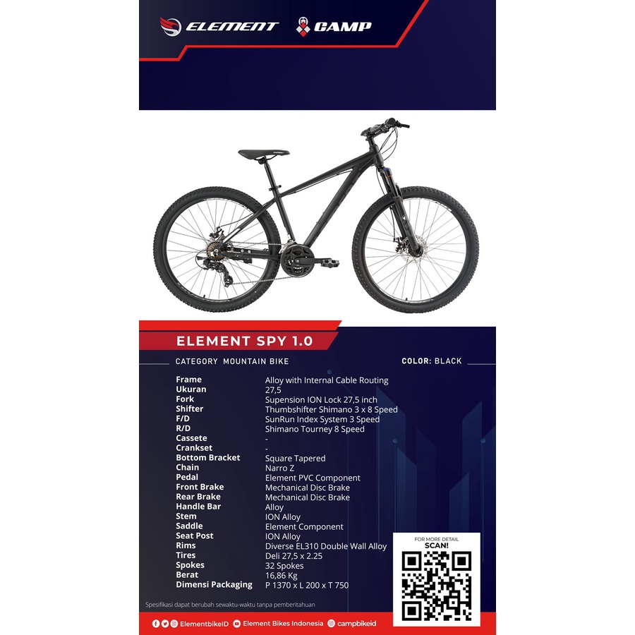 Jual Sepeda MTB Element SPY 1.0 2022 Black Sepeda Gunung Hitam | Shopee ...