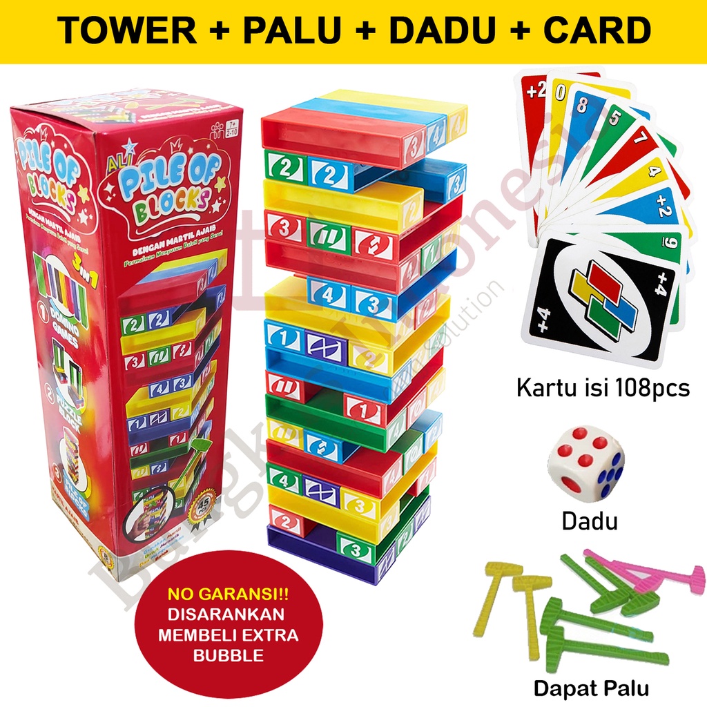 Jual Paket Uno Stacko + Dice / Dadu / Stacko Tower Pile of Blocks ...