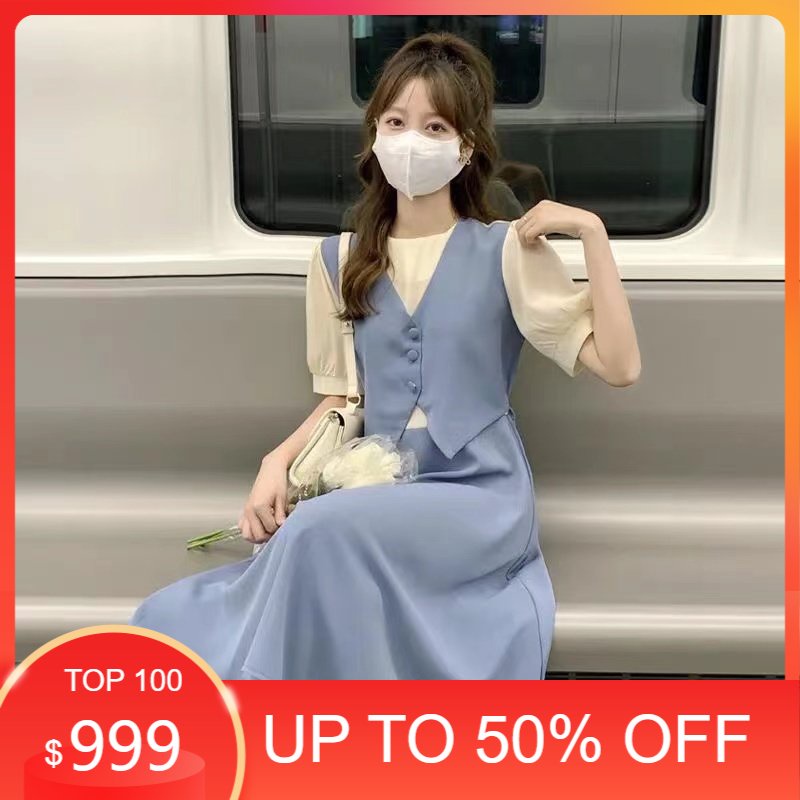 Jual dress korea style/ baru Dress Korea Hitam / Gaun Biru Korea