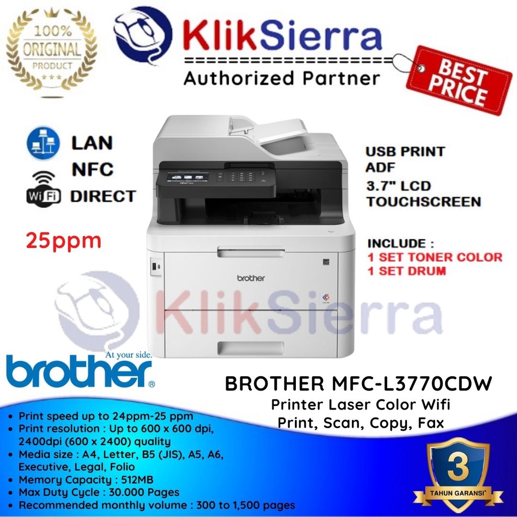 Jual BROTHER MFCL3770CDW Printer Laser Colour AIO Duplex Fax WiFi