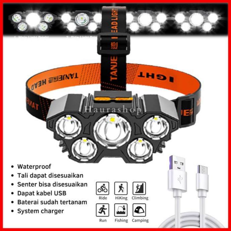 Jual L-T21 Senter Kepala 5 LED 50W Super Terang 4 Mode Waterproof USB ...