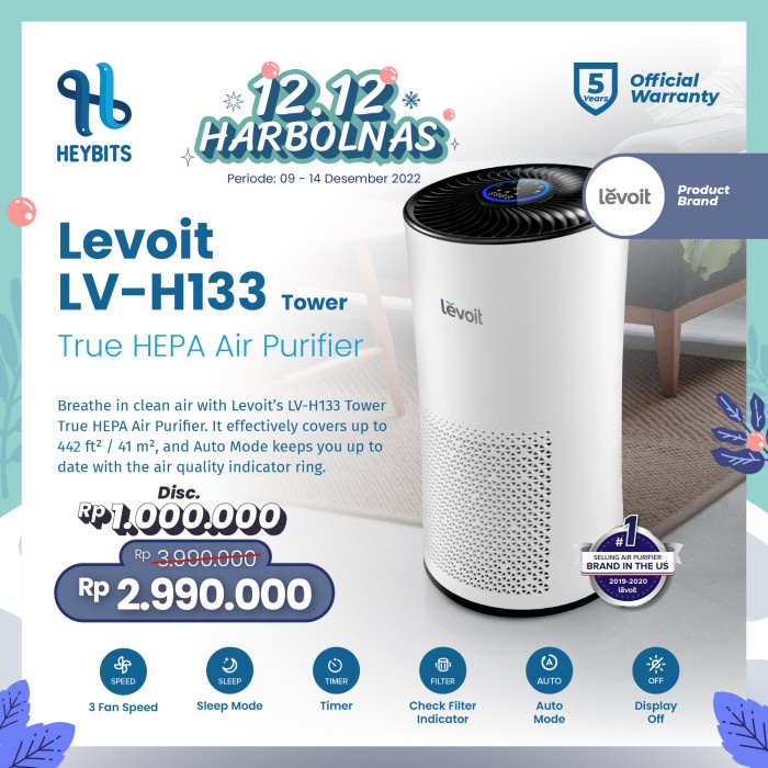 Jual LEVOIT AIR PURIFIER LVH133 TOWER HEPA H13 FILTER PEMBERSIH UDARA